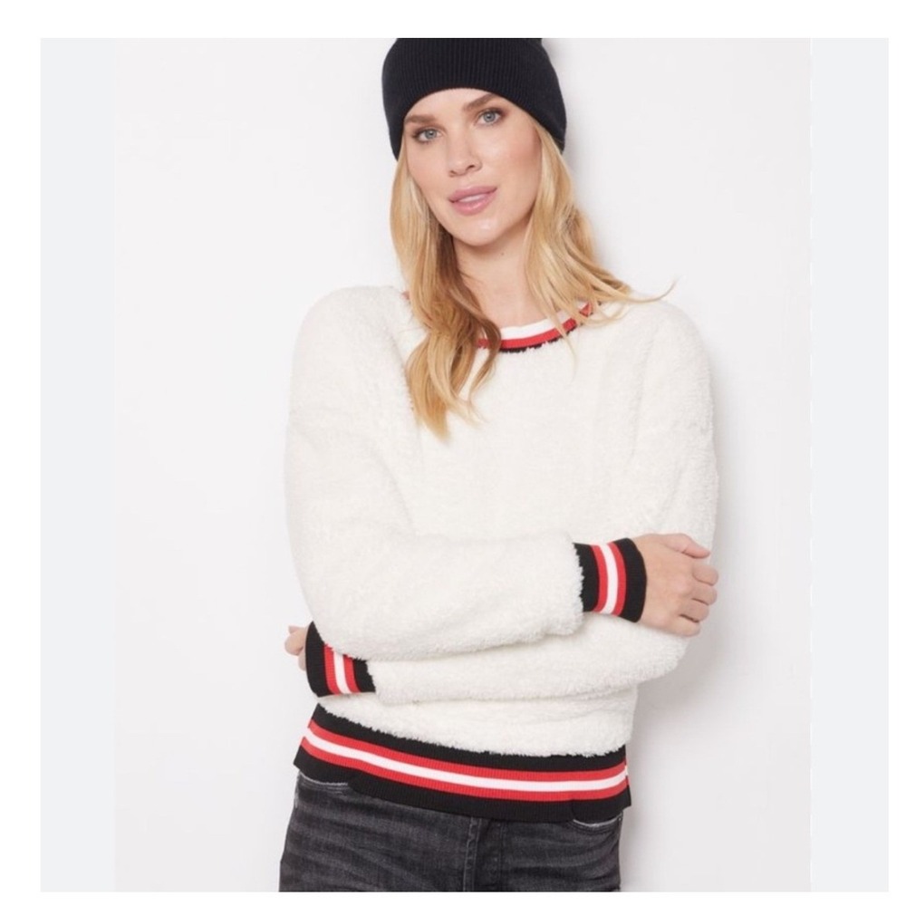 Evereve Kodi Sherpa Varsity Pullover Off White Red Black Striped Size S Sporty